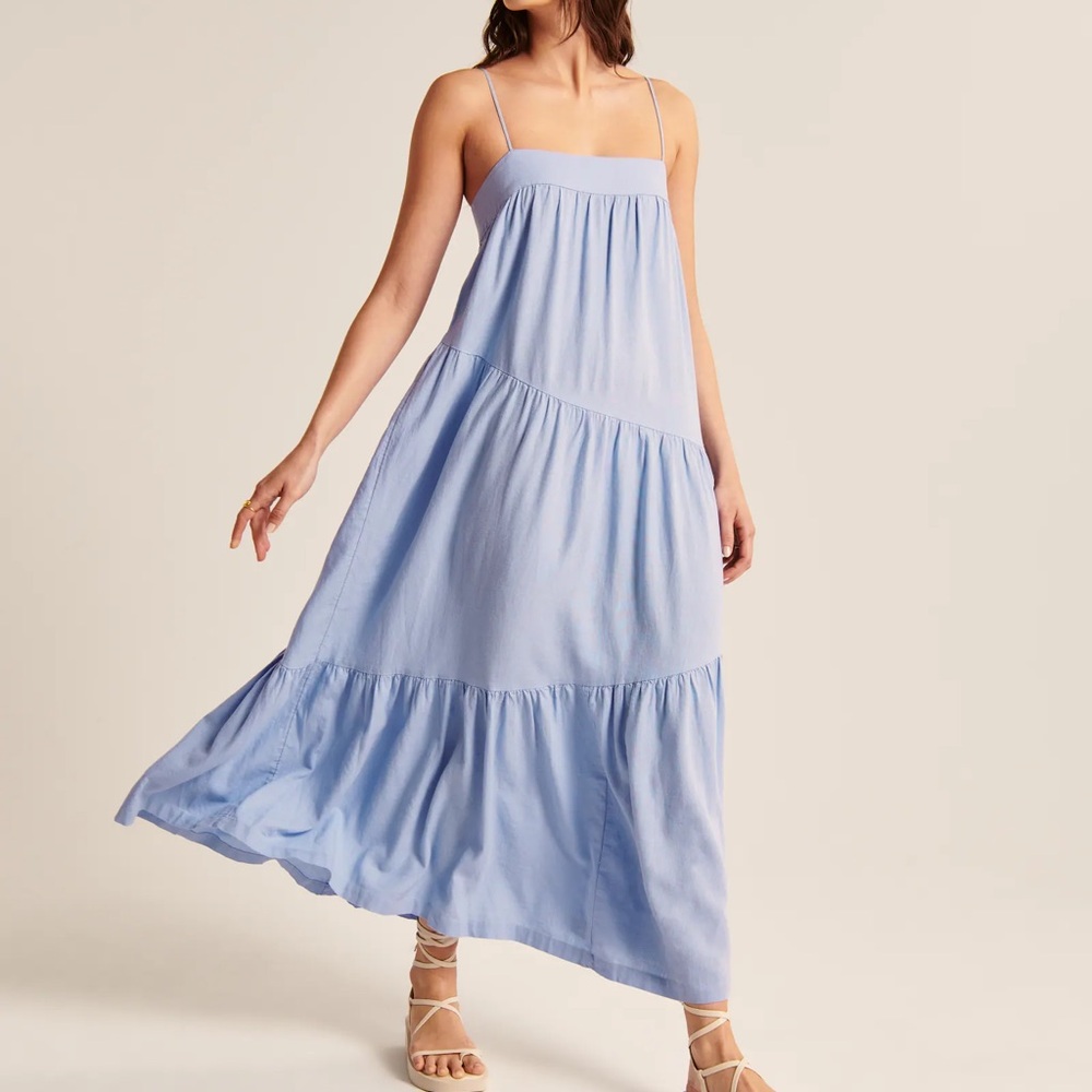 Abercrombie Light Blue Asymmetrical Tiered Linen Maxi Dress